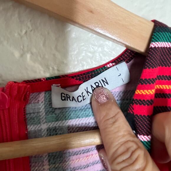 Grace Karin Women's Vintage Cap Sleeve Red Plaid Pencil Dress Bodycon Size Large - Picture 2 of 5